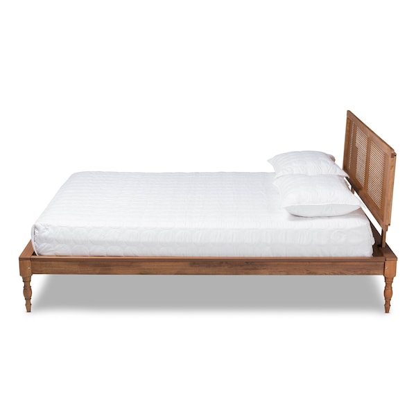 Romy Ash Walnut Finished And Synthetic Rattan Queen Size Platform Bed